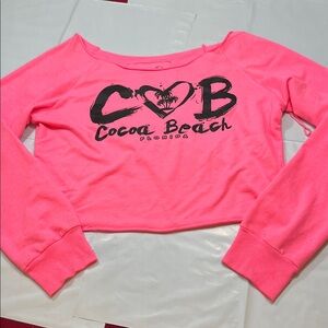 90s Cocoa beach Florida BRIGHT Pink wide shoulder Cut Off Crop Top sweatshirt Lg